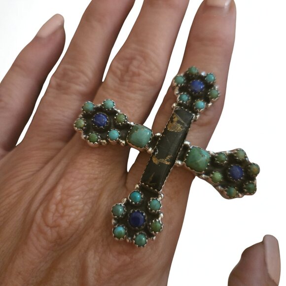 Large cross ring- adjustable with Lapis and turquoise - Picture 3 of 4